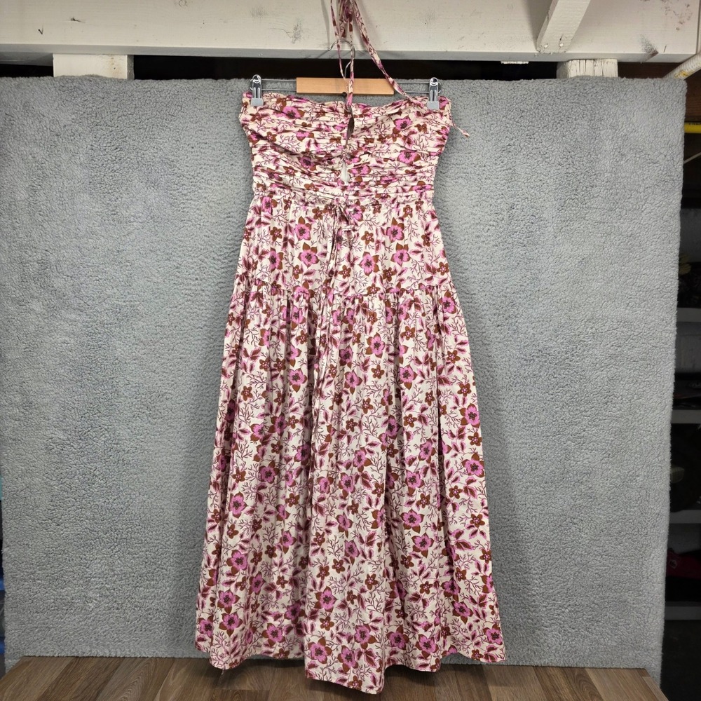 Jason Wu Floral Halter Midi Dress Pink Brown Ruched Smocked Size Small
